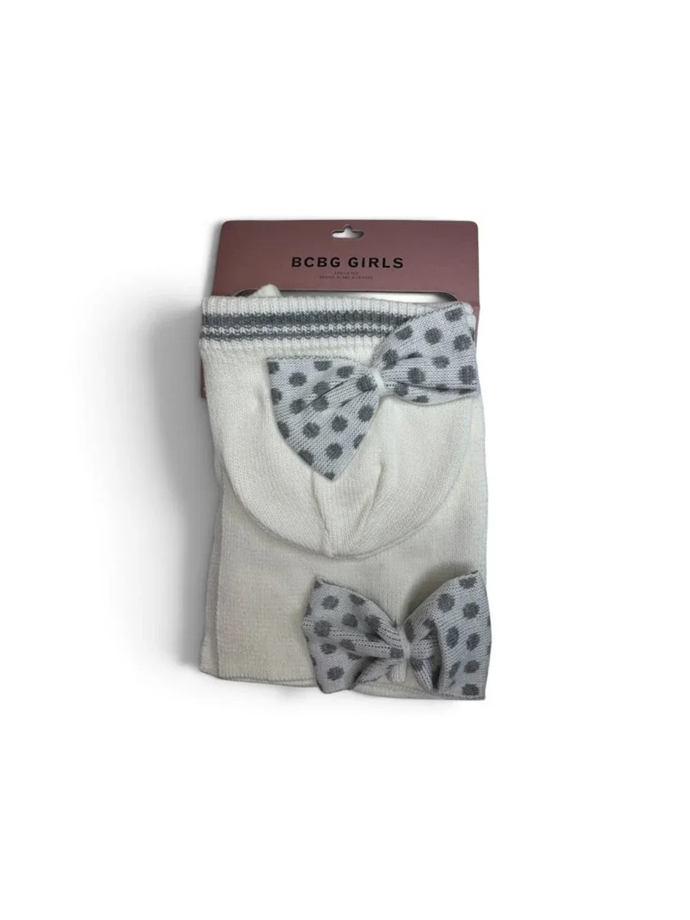 BCBG Girls 3-Piece Knit Beanie Scarf & Gloves Set White Gray Polka Dot Bows NWT